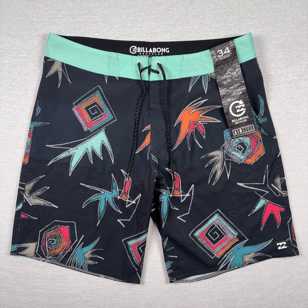 Billabong Black Board Shorts with Teal Waistband and Multicolor Graphic